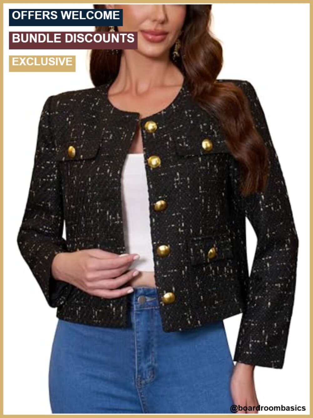 Cropped Tweed Blazer Women Single-Breasted Collarless Gold-Tone Buttons